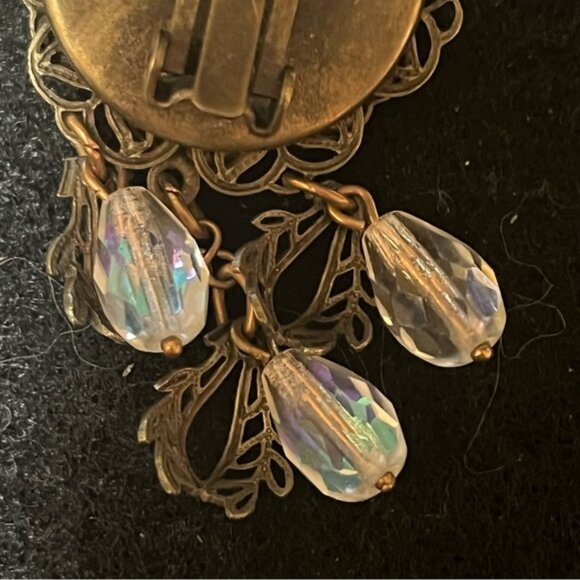 Vintage Banana Bob Bronze Iridescent Stone Dangle Clip On Earrings - Picture 5 of 12